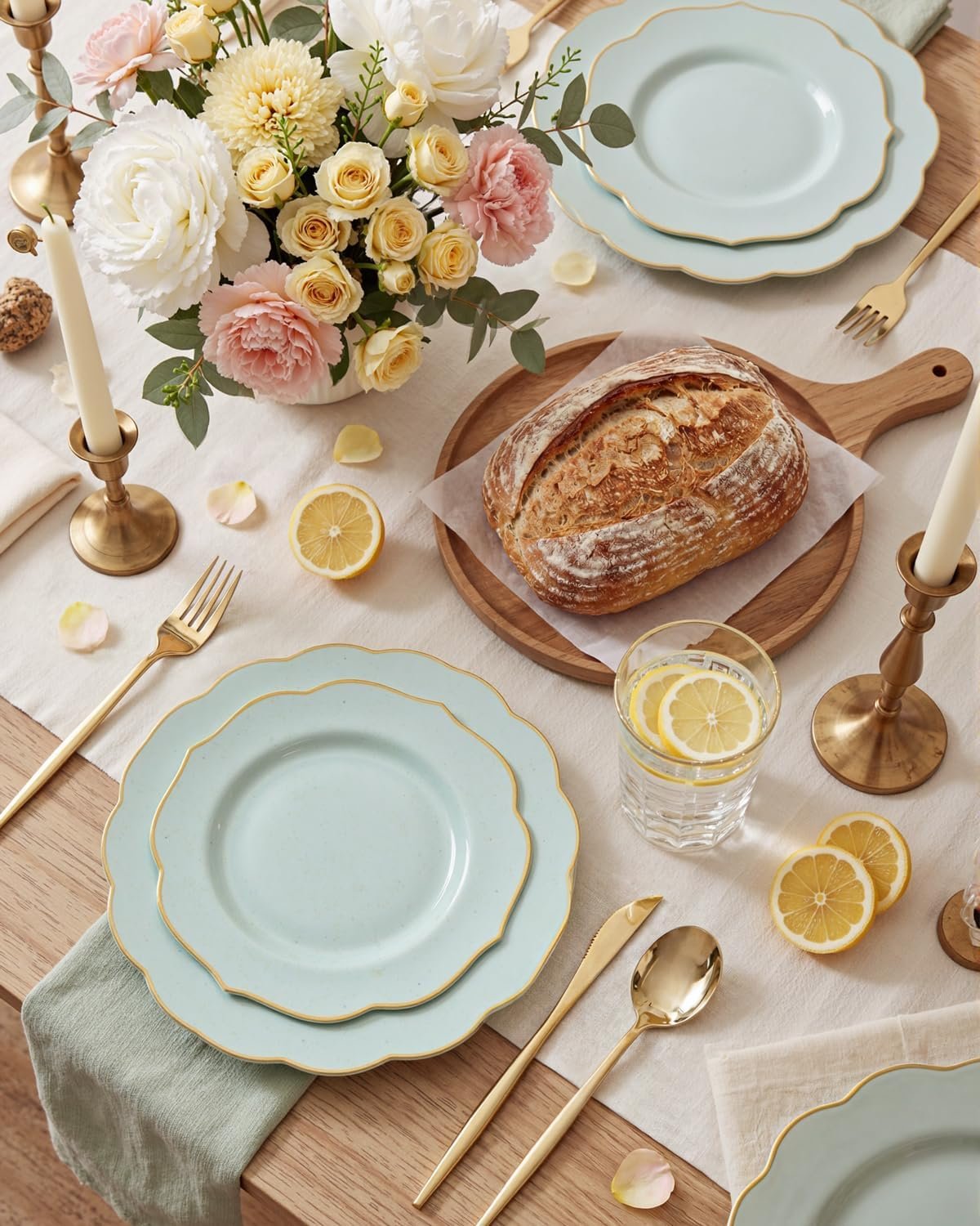 Wholesale 180PCS Sage Green Plastic Disposable Plates with Gold Rim - Includes 30 Dinner 30 Dessert Plates 30 Knives 30 Forks 30 Spoons 30 Cups for Parties and Spring Supplier