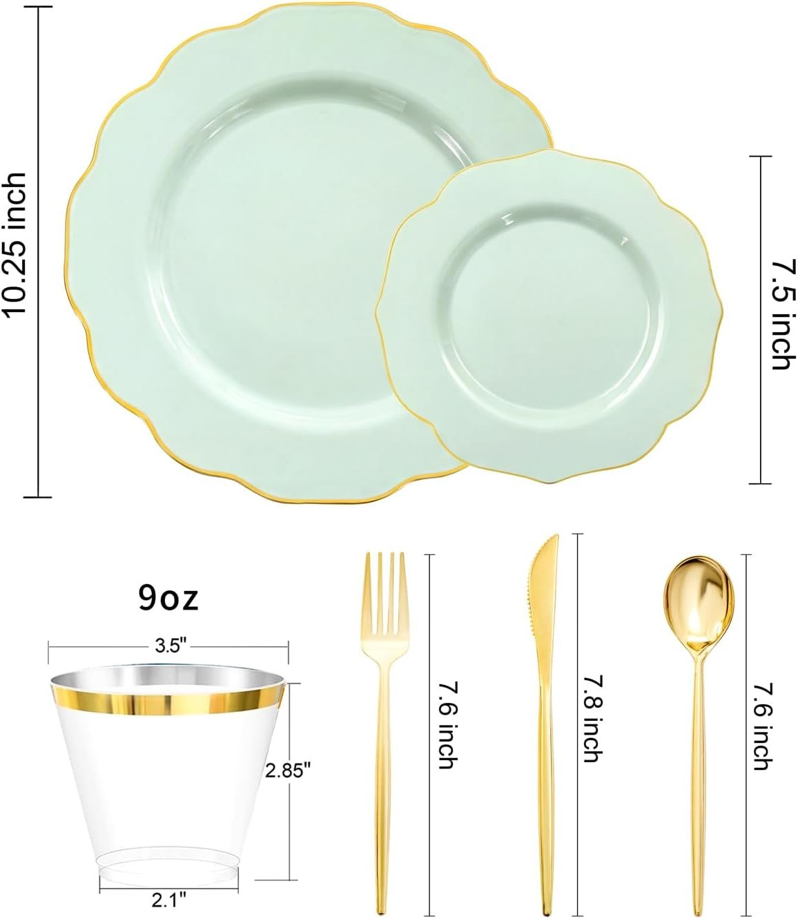 Wholesale 180PCS Sage Green Plastic Disposable Plates with Gold Rim - Includes 30 Dinner 30 Dessert Plates 30 Knives 30 Forks 30 Spoons 30 Cups for Parties and Spring Supplier