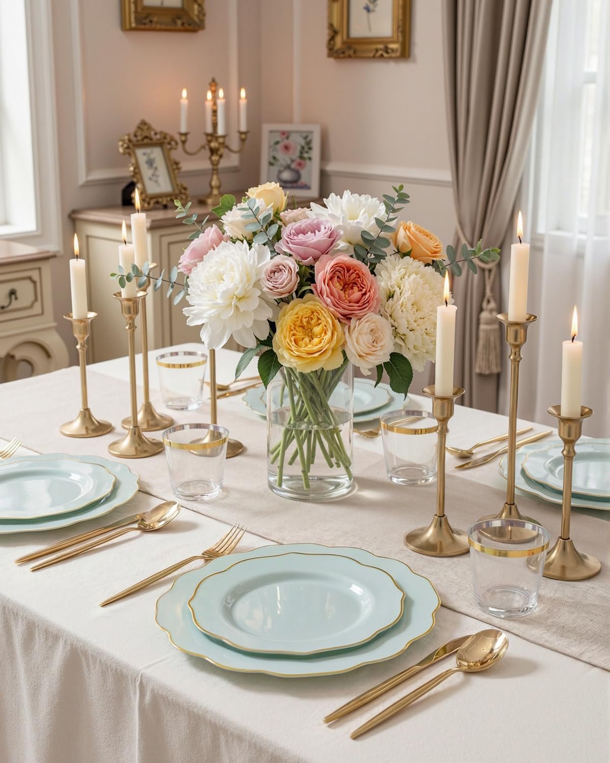 Wholesale 180PCS Sage Green Plastic Disposable Plates with Gold Rim - Includes 30 Dinner 30 Dessert Plates 30 Knives 30 Forks 30 Spoons 30 Cups for Parties and Spring Supplier