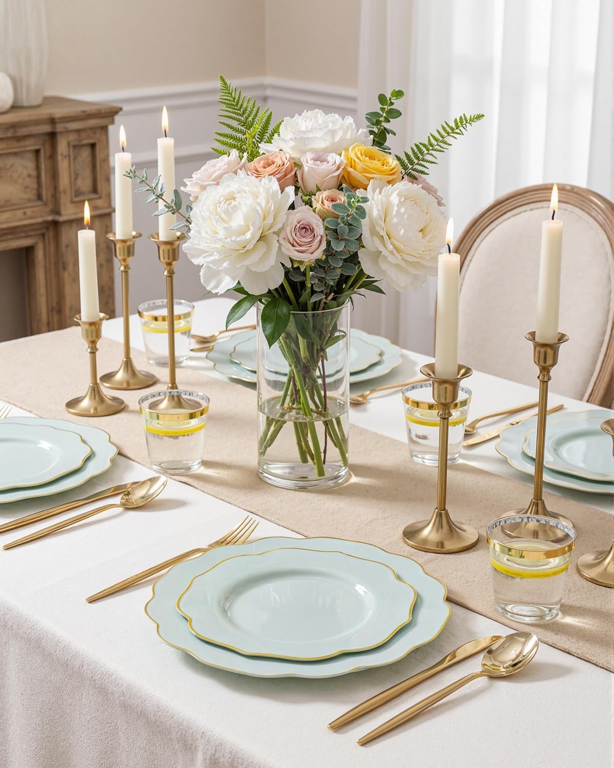 Wholesale 180PCS Sage Green Plastic Disposable Plates with Gold Rim - Includes 30 Dinner 30 Dessert Plates 30 Knives 30 Forks 30 Spoons 30 Cups for Parties and Spring Supplier