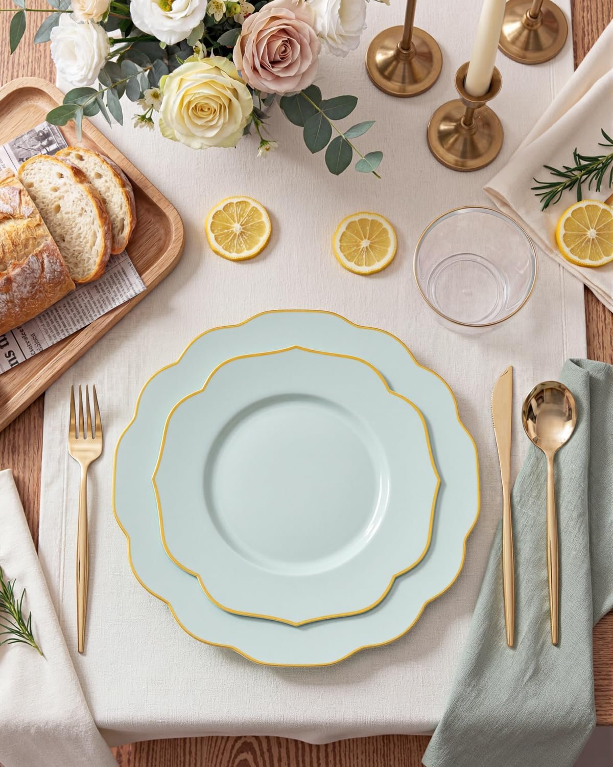 Wholesale 180PCS Sage Green Plastic Disposable Plates with Gold Rim - Includes 30 Dinner 30 Dessert Plates 30 Knives 30 Forks 30 Spoons 30 Cups for Parties and Spring Supplier