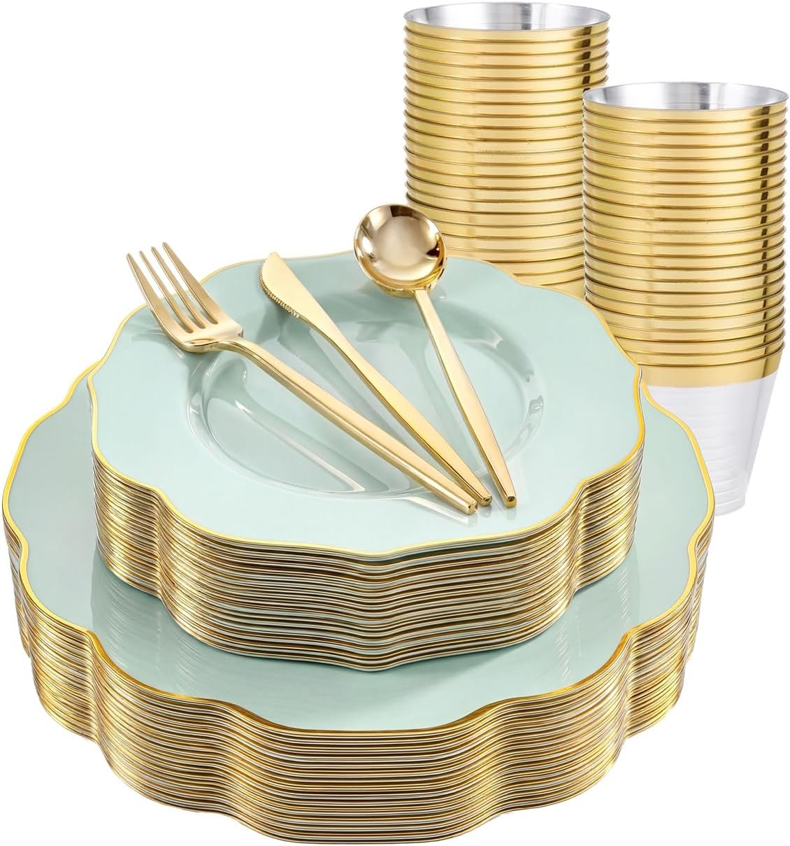 bUCLA 180PCS Green Plastic Plates - Disposable Sage Green with Gold Rim - Include 30 (Dinner & Dessert) Plates, 30 Knives, 30 Forks, 30 Spoons and 30 Cups for Party & Spring