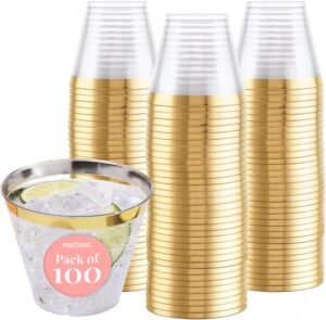 Prestee 100-Pack 9oz Gold Rimmed Plastic Cups Disposable Wine Glasses for Charcuterie, Weddings, Parties, and Events - Elegant Cocktail and Drinking Cups for Champagne, Martini, and Mocktails