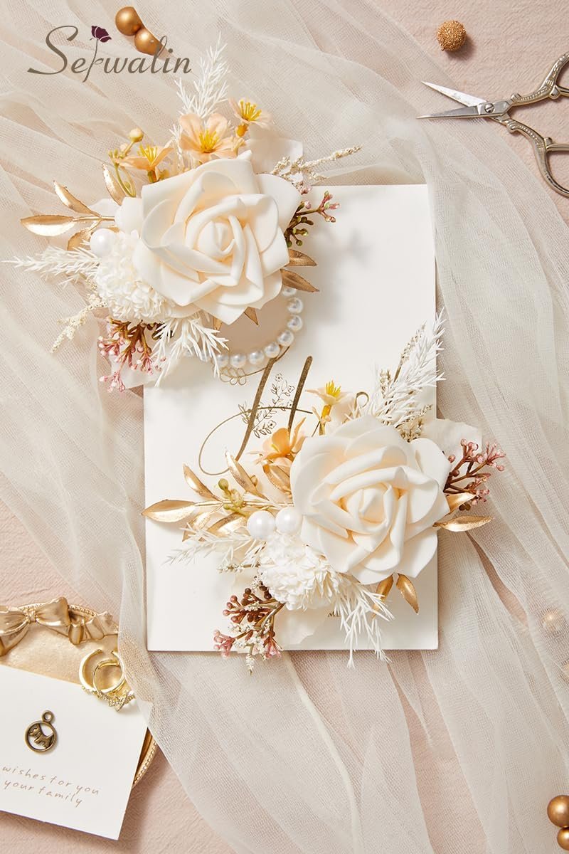 Wholesale 2 Pcs 6-7 Inch Champagne Wrist Corsage and Boutonniere Set for Wedding Prom Ceremony Anniversary Men Suit Accessories Supplier Wholesale 2 Pcs 6-7 Inch Champagne Wrist Corsage and Boutonniere Set for Wedding Prom Ceremony Anniversary Men Suit Accessories Supplier