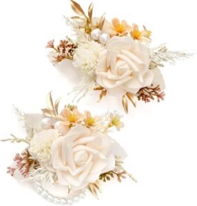 Serwalin 2 Pcs Wrist Corsage and Boutonniere Set, 6-7 Inch Champagne Corsage for Wedding, Boutonniere for Men Corsage Wristlet Prom Ceremony Anniversary Accessories Suit