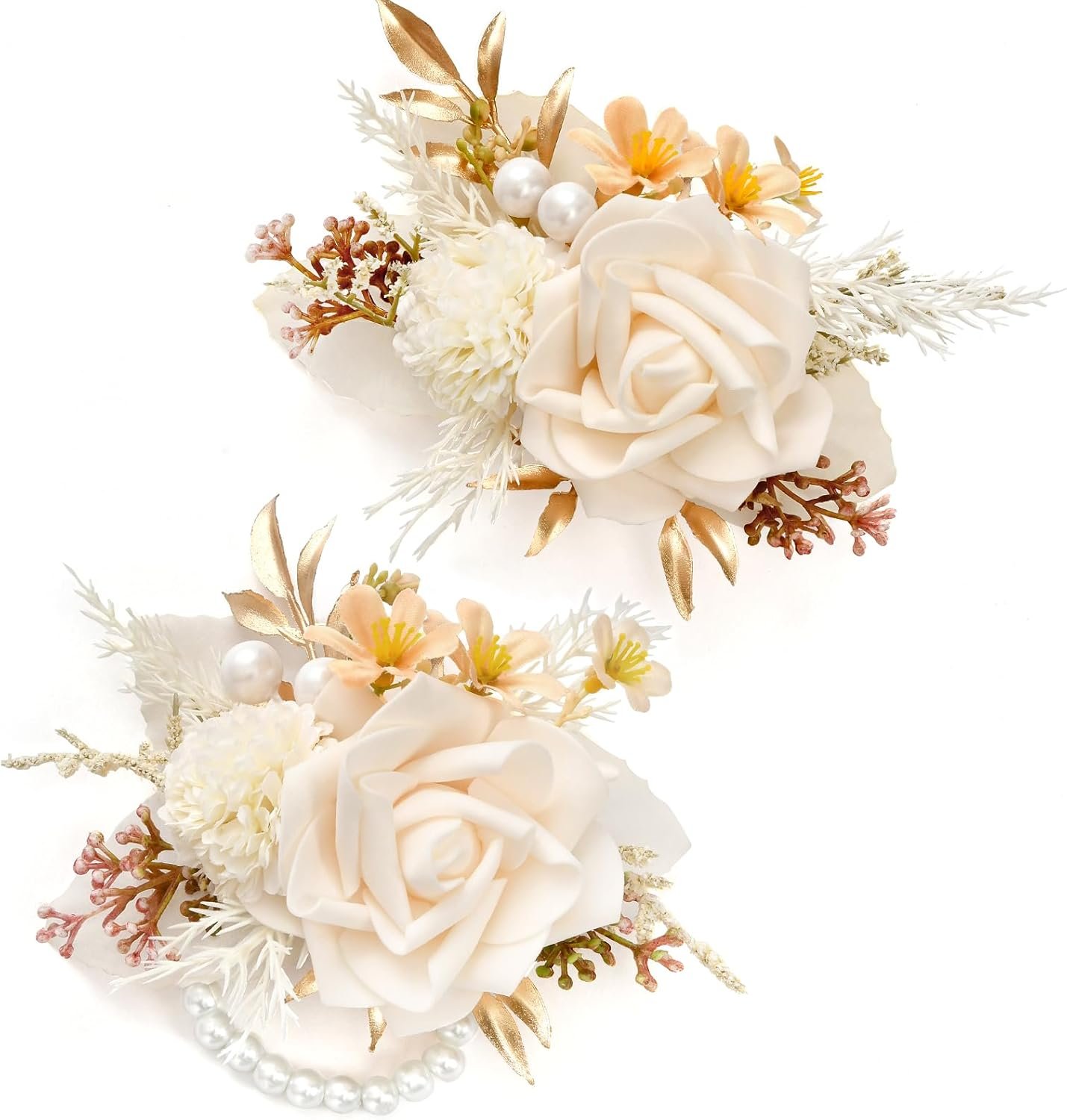 Serwalin 2 Pcs Wrist Corsage and Boutonniere Set, 6-7 Inch Champagne Corsage for Wedding, Boutonniere for Men Corsage Wristlet Prom Ceremony Anniversary Accessories Suit