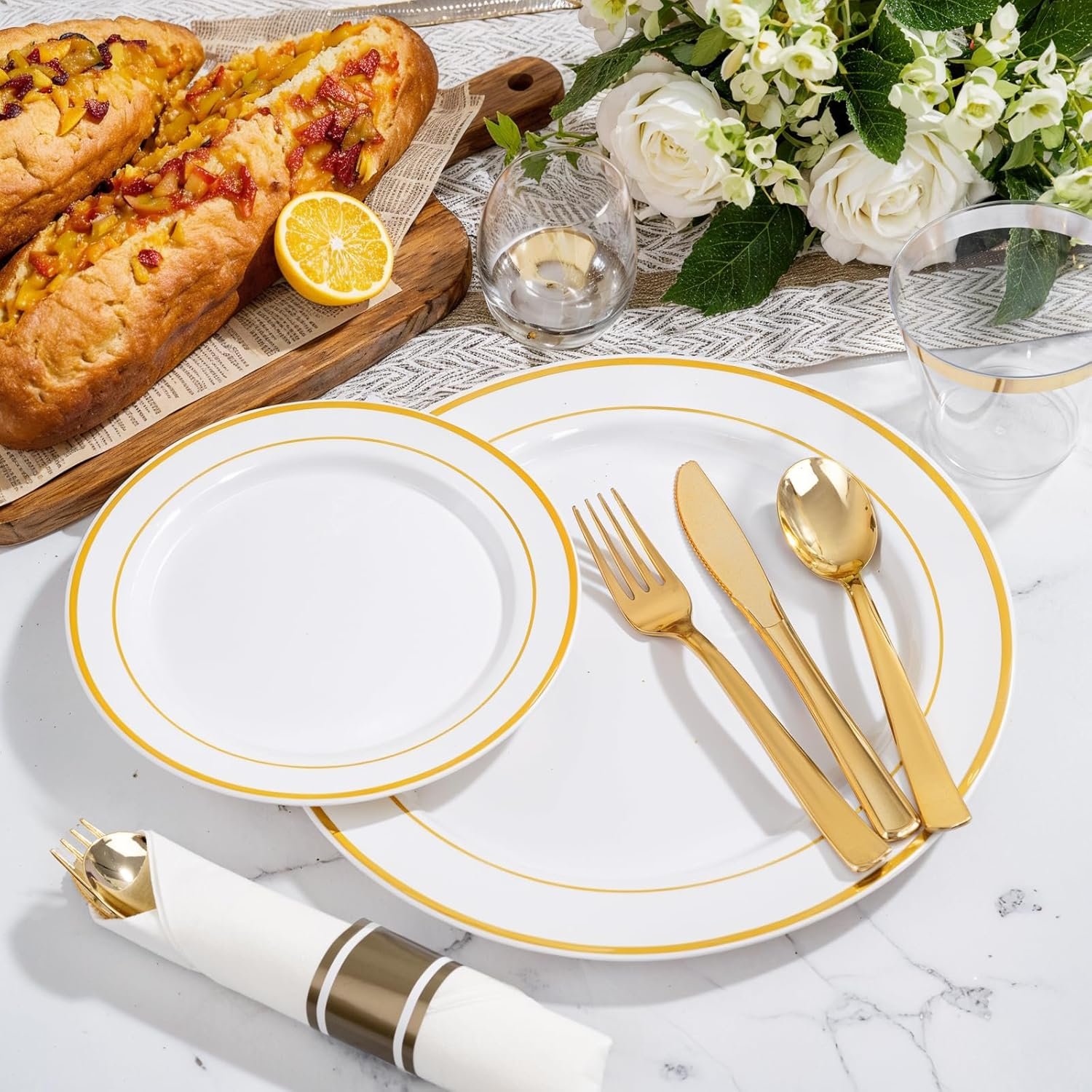 Wholesale 350Pcs Gold Plastic Plates for 50 Guests Disposable Dinnerware Set Includes 100 Plates 150 Gold Silverware 50 Napkins 50 Cups for Party and Wedding Supplier Wholesale 350Pcs Gold Plastic Plates for 50 Guests Disposable Dinnerware Set Includes 100 Plates 150 Gold Silverware 50 Napkins 50 Cups for Party and Wedding Supplier