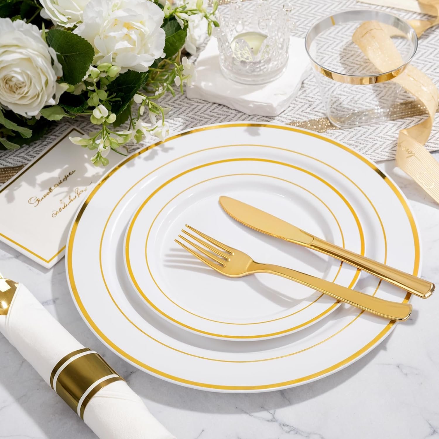 Wholesale 350Pcs Gold Plastic Plates for 50 Guests Disposable Dinnerware Set Includes 100 Plates 150 Gold Silverware 50 Napkins 50 Cups for Party and Wedding Supplier Wholesale 350Pcs Gold Plastic Plates for 50 Guests Disposable Dinnerware Set Includes 100 Plates 150 Gold Silverware 50 Napkins 50 Cups for Party and Wedding Supplier