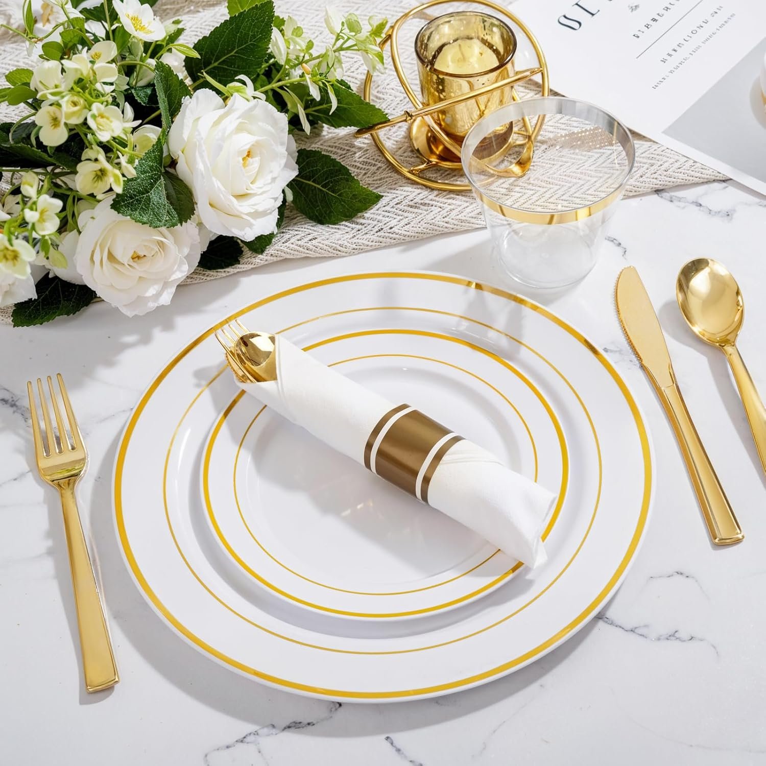 Wholesale 350Pcs Gold Plastic Plates for 50 Guests Disposable Dinnerware Set Includes 100 Plates 150 Gold Silverware 50 Napkins 50 Cups for Party and Wedding Supplier Wholesale 350Pcs Gold Plastic Plates for 50 Guests Disposable Dinnerware Set Includes 100 Plates 150 Gold Silverware 50 Napkins 50 Cups for Party and Wedding Supplier
