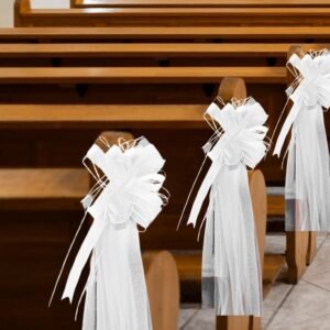 8pcs Large Wedding Pew Bows with Long Tulle Tails Church Chair Aisle Decorations Wedding Car Decoration Big Bows for Bridal Shower Reception Birthday Anniversary (White)