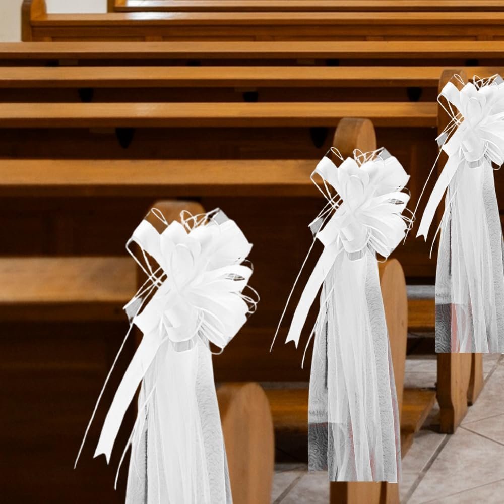 8pcs Large Wedding Pew Bows with Long Tulle Tails Church Chair Aisle Decorations Wedding Car Decoration Big Bows for Bridal Shower Reception Birthday Anniversary (White)