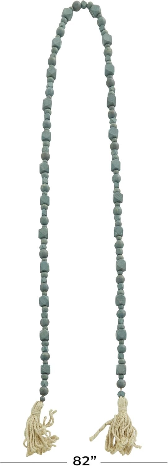 Wholesale Mango Wood Handmade Hexagon Carved Geometric Long Beaded Garland with Tassel Blue 80