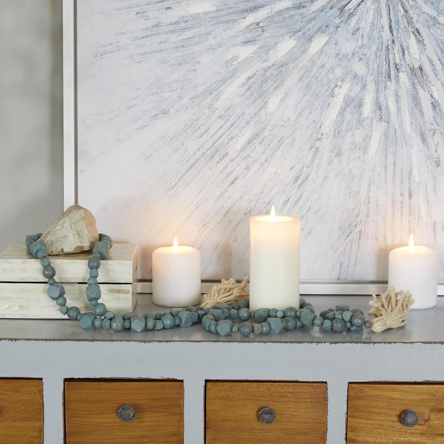 Wholesale Mango Wood Handmade Hexagon Carved Geometric Long Beaded Garland with Tassel Blue 80