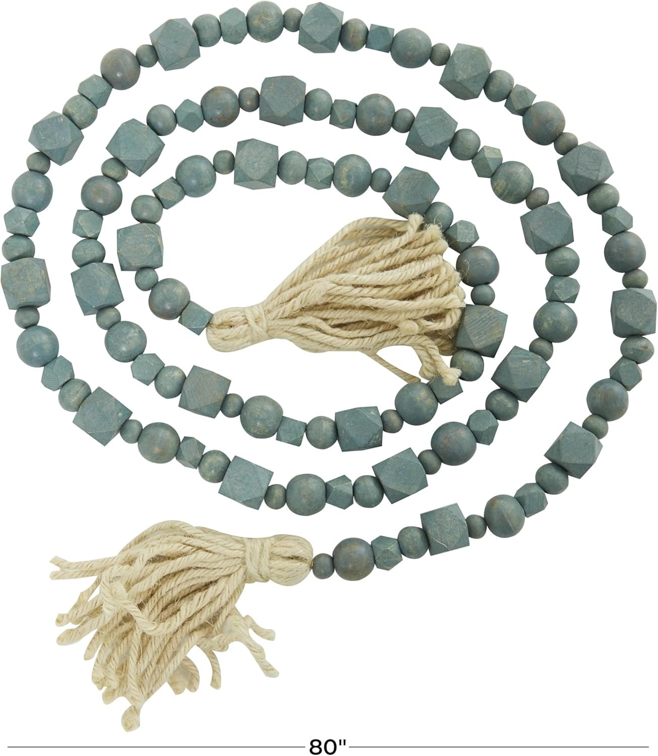 Wholesale Mango Wood Handmade Hexagon Carved Geometric Long Beaded Garland with Tassel Blue 80