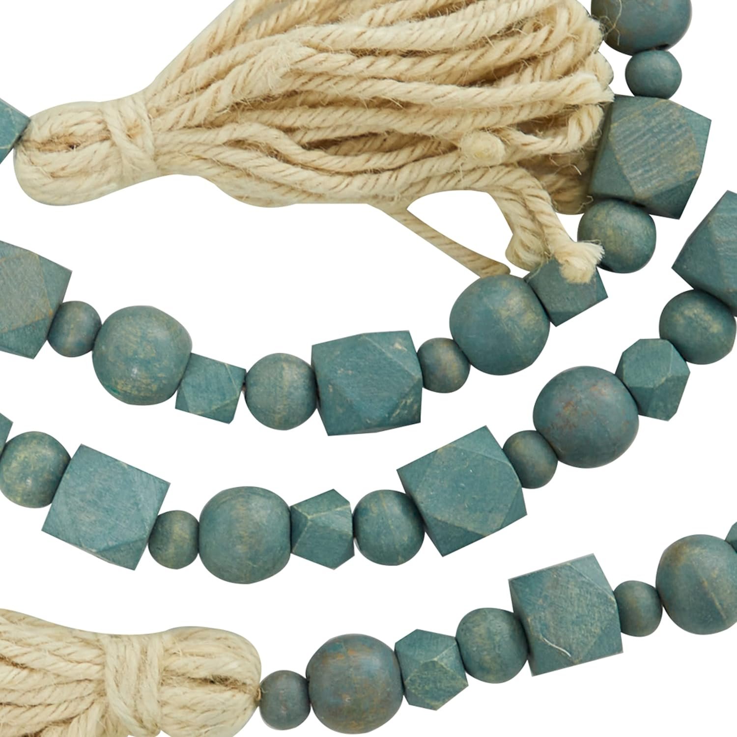 Wholesale Mango Wood Handmade Hexagon Carved Geometric Long Beaded Garland with Tassel Blue 80
