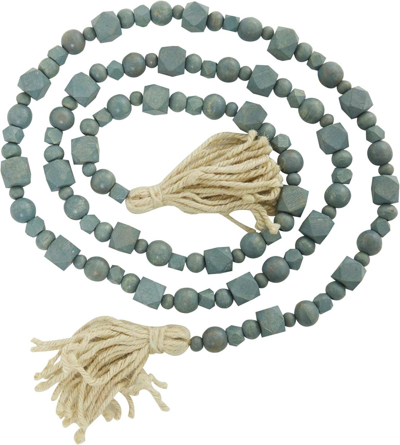Deco 79 Mango Wood Handmade Hexagon Carved Geometric Long Beaded Garland with Tassel, 80" x 1" x 1", Blue