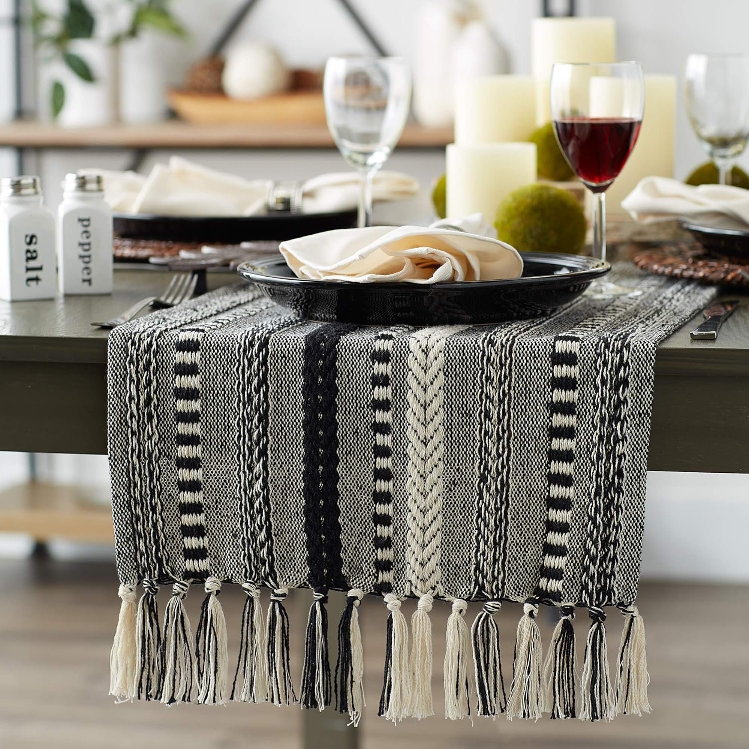 Wholesale Farmhouse Braided Stripe Table Runner Collection 15x108 (15x113 Fringe Included) Black Supplier Wholesale Farmhouse Braided Stripe Table Runner Collection 15x108 (15x113 Fringe Included) Black Supplier