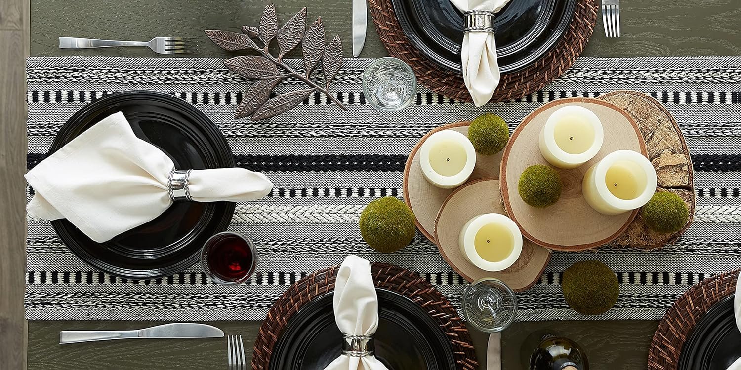 Wholesale Farmhouse Braided Stripe Table Runner Collection 15x108 (15x113 Fringe Included) Black Supplier Wholesale Farmhouse Braided Stripe Table Runner Collection 15x108 (15x113 Fringe Included) Black Supplier