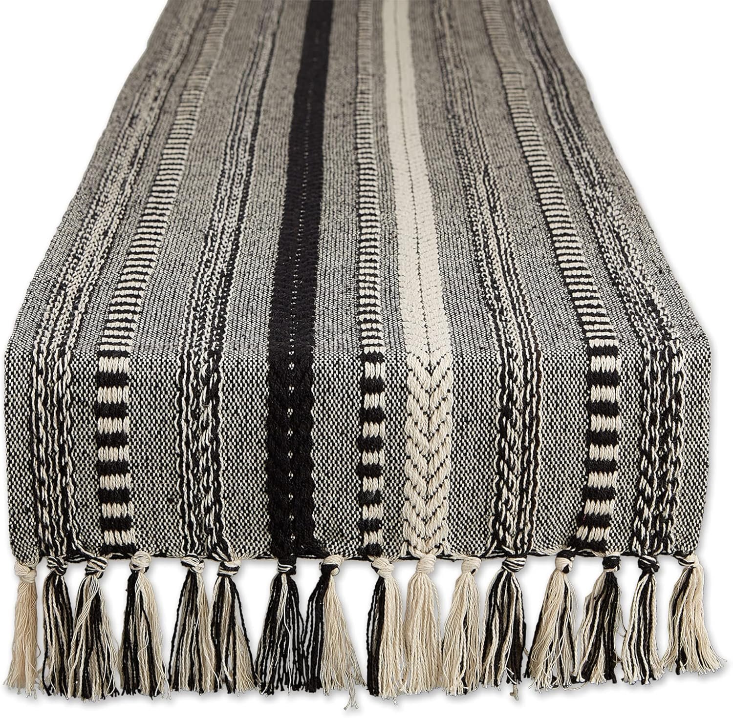 DII Farmhouse Braided Stripe Table Runner Collection, 15x108 (15x113, Fringe Included), Black
