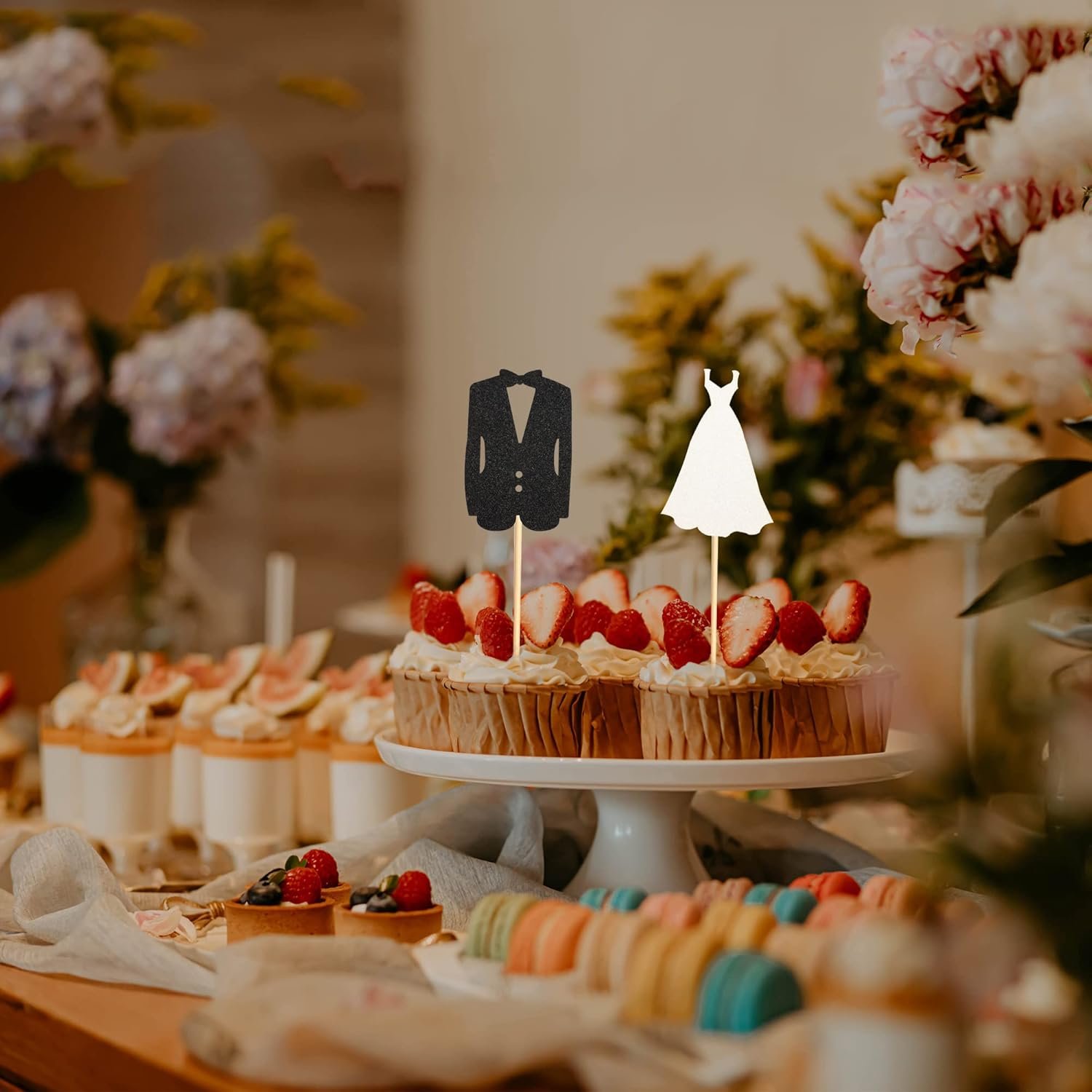 Wholesale 24pcs Bride and Groom Cupcake Toppers Wedding Dress Tux Picks Bridal Shower Engagement Anniversary Party Cake Decorations Supplier