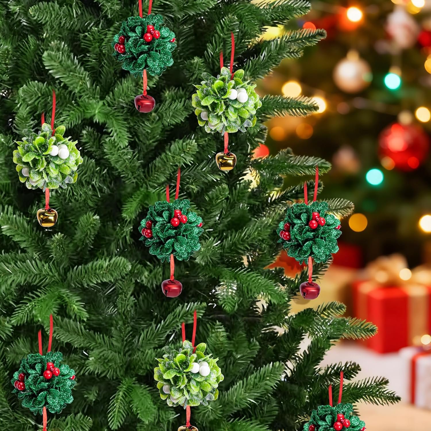 Wholesale 10 Pcs Glitter Mistletoe Kissing Ball Bells Ornaments with Berries Christmas Hanging Tree Doorway Arch Ceiling Decoration Supplier Wholesale 10 Pcs Glitter Mistletoe Kissing Ball Bells Ornaments with Berries Christmas Hanging Tree Doorway Arch Ceiling Decoration Supplier
