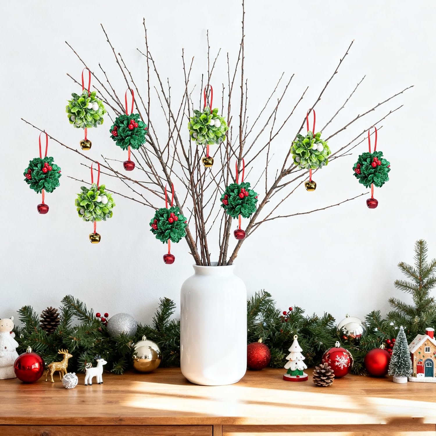 Wholesale 10 Pcs Glitter Mistletoe Kissing Ball Bells Ornaments with Berries Christmas Hanging Tree Doorway Arch Ceiling Decoration Supplier Wholesale 10 Pcs Glitter Mistletoe Kissing Ball Bells Ornaments with Berries Christmas Hanging Tree Doorway Arch Ceiling Decoration Supplier