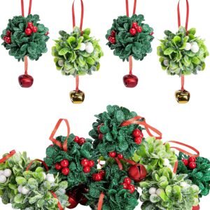 Deloky 10 Pcs Glitter Mistletoe Kissing Ball Bells Ornaments, Christmas Mistletoe Bells Hanging Ornaments, Xmas Mistletoes Ball Tree Decoration with Berries for Doorway Arch Ceiling Decor