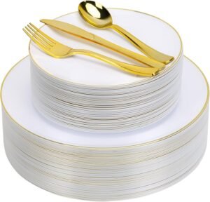 Moretoes 250PCS Gold Disposable Dinnerware Set, White and Gold Plastic Party Plates for 50 Guests, Includes 50 Dinner Plate,50 Dessert Plate,150 Gold Cutlery for Wedding & Party
