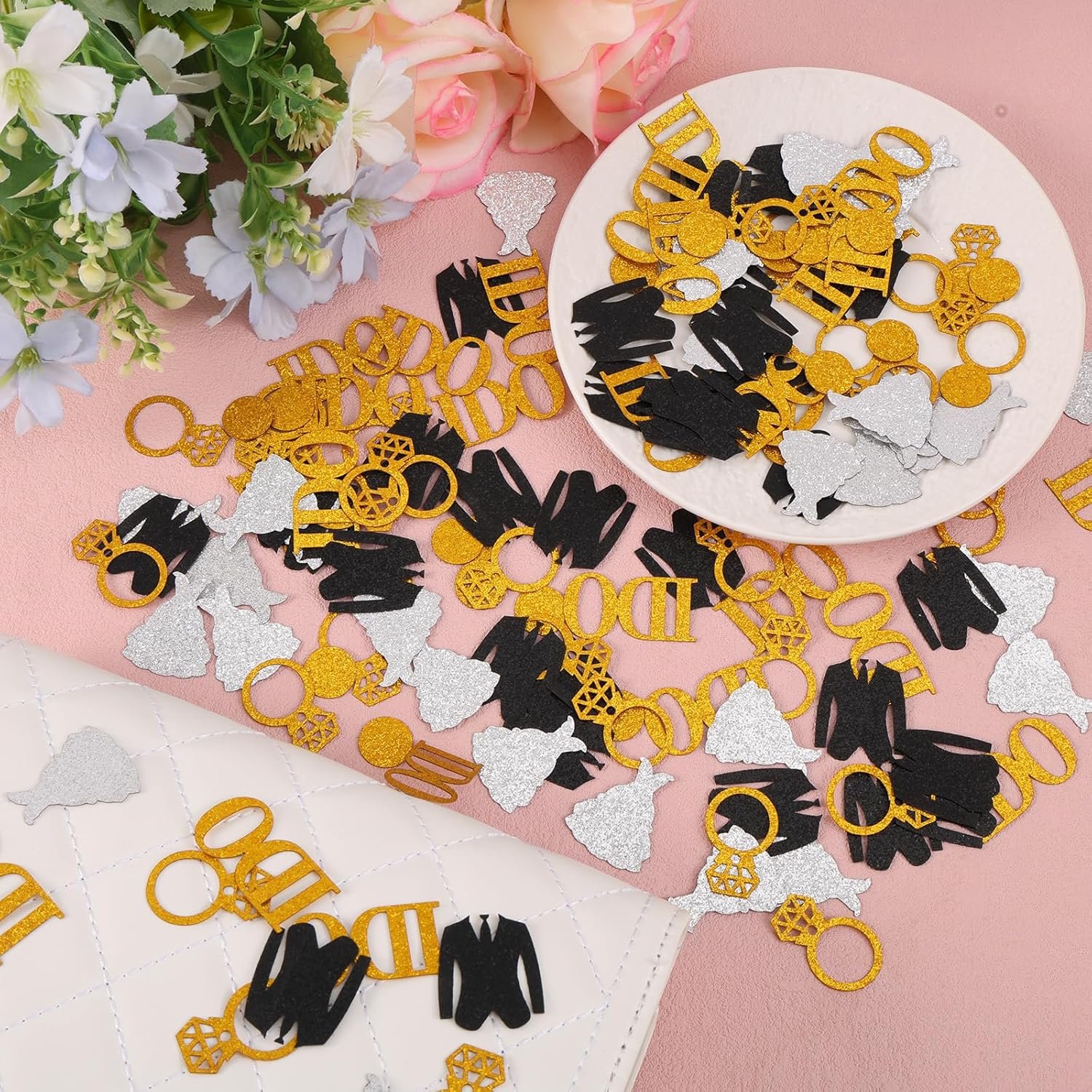 Wholesale 150pcs Gold Glitter Paper Confetti Diamond Ring I Do Wedding Engagement Party Decoration for Bridal Shower Bachelor Party Supplier