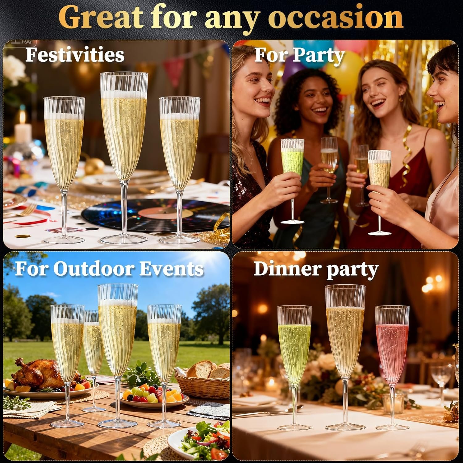 Wholesale 16 Pack 6oz Clear Champagne Flutes Disposable Wine Glasses with Long Stem Reusable Plastic Cocktail Glasses for New Years Eve Parties Birthdays Weddings Celebrations Toasting Drinking Supplier