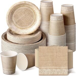 Dandat 250 Pcs White Lace Disposable Tableware Set Paper Plates Napkins Cups Vintage Party Supplies Disposable Paper Plates and Napkins Set for Wedding Bridal Shower Party Supplies(White,Lace)