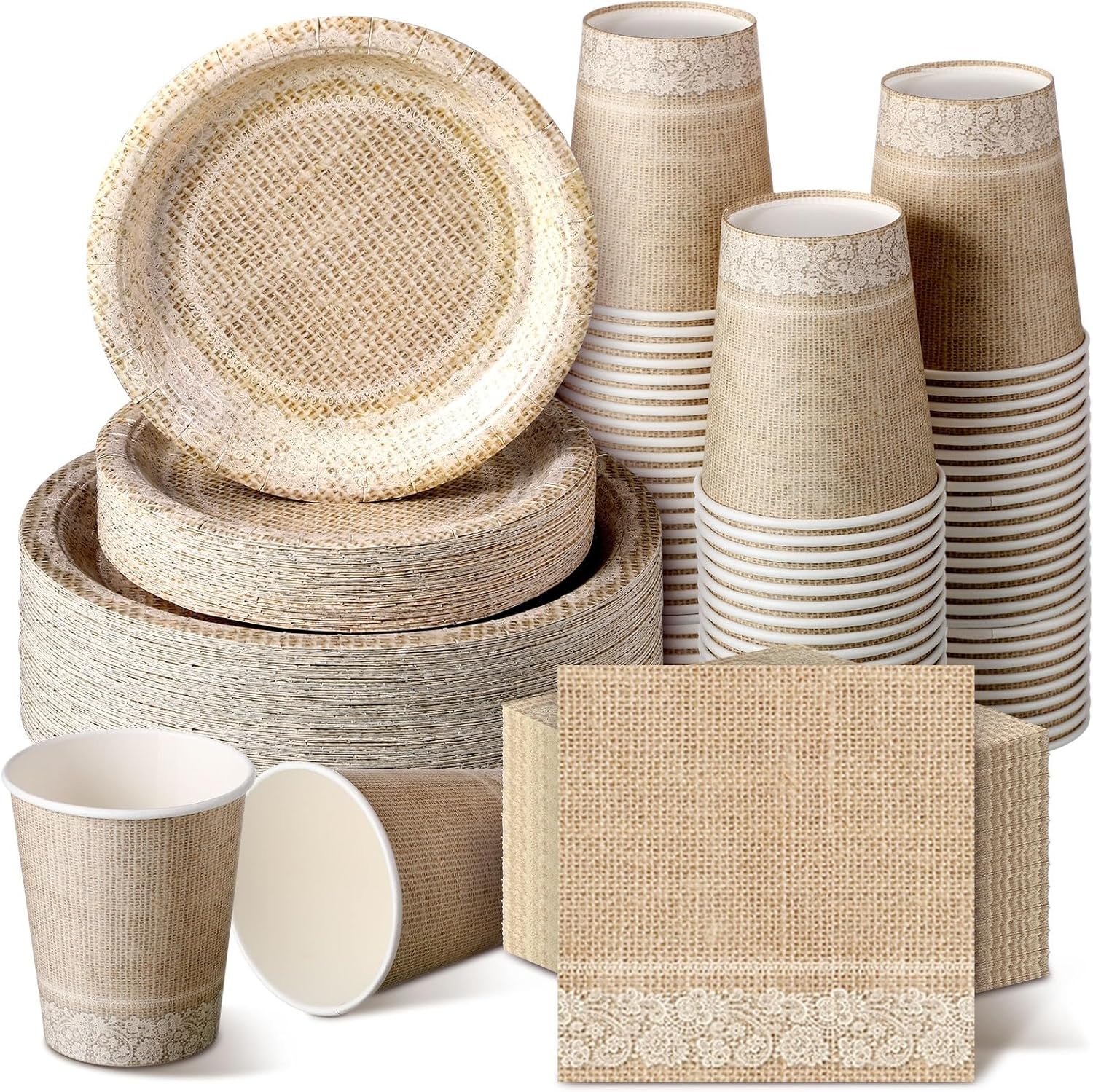 Dandat 250 Pcs White Lace Disposable Tableware Set Paper Plates Napkins Cups Vintage Party Supplies Disposable Paper Plates and Napkins Set for Wedding Bridal Shower Party Supplies(White,Lace)