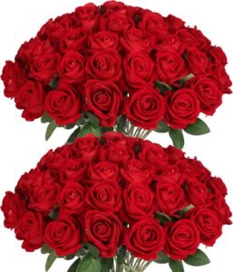 50 PCS Fake Red Roses, Artificial Red Flowers Bulk Realistic Silk Faux Rose with Stems for Wedding Decoration Anniversary Bridal Bouquet DIY Floral Arrangement Romantic Home Decor Gifts