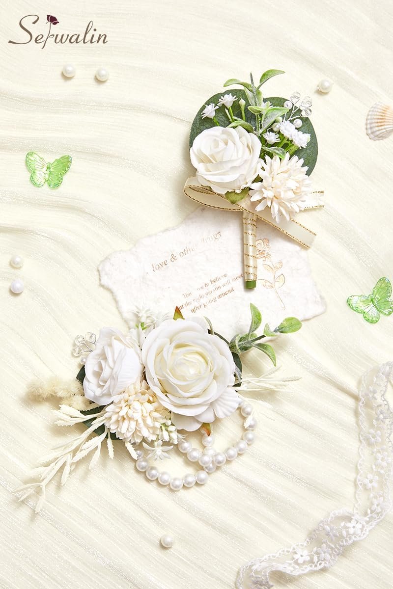 Wholesale White Rose Corsage and Boutonniere Set for Men Wristlet Prom Homecoming Wedding Flowers Accessories Party Suit Decorations Supplier Wholesale White Rose Corsage and Boutonniere Set for Men Wristlet Prom Homecoming Wedding Flowers Accessories Party Suit Decorations Supplier
