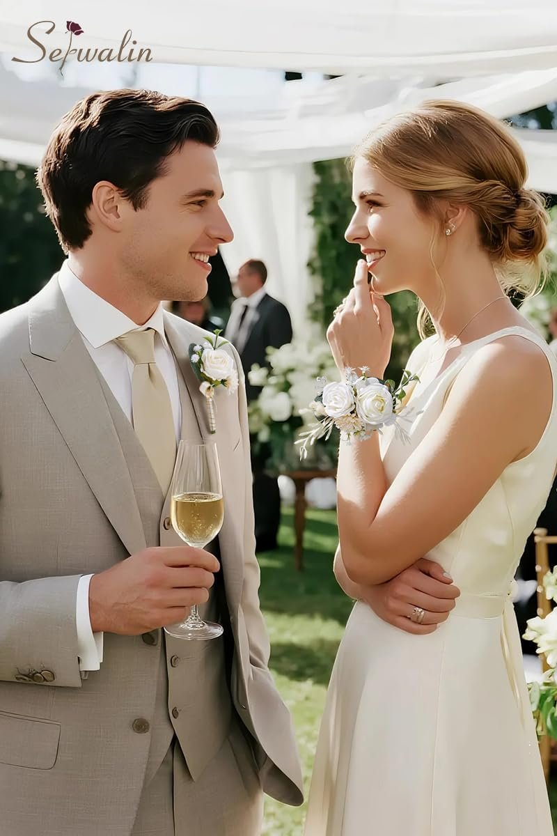 Wholesale White Rose Corsage and Boutonniere Set for Men Wristlet Prom Homecoming Wedding Flowers Accessories Party Suit Decorations Supplier Wholesale White Rose Corsage and Boutonniere Set for Men Wristlet Prom Homecoming Wedding Flowers Accessories Party Suit Decorations Supplier