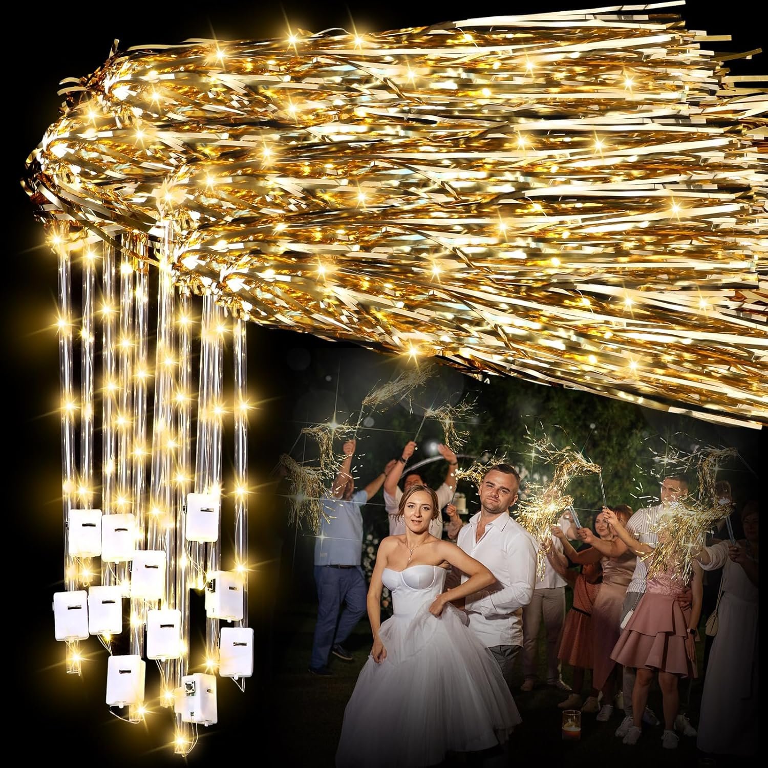 48 Pcs Lighted Wedding Fairy Wands LED Foil Tinsel Wedding Sticks LED Light Up Stick Glow in The Dark Flashing Wands Sparklers for Birthday Party Favors(Champagne)