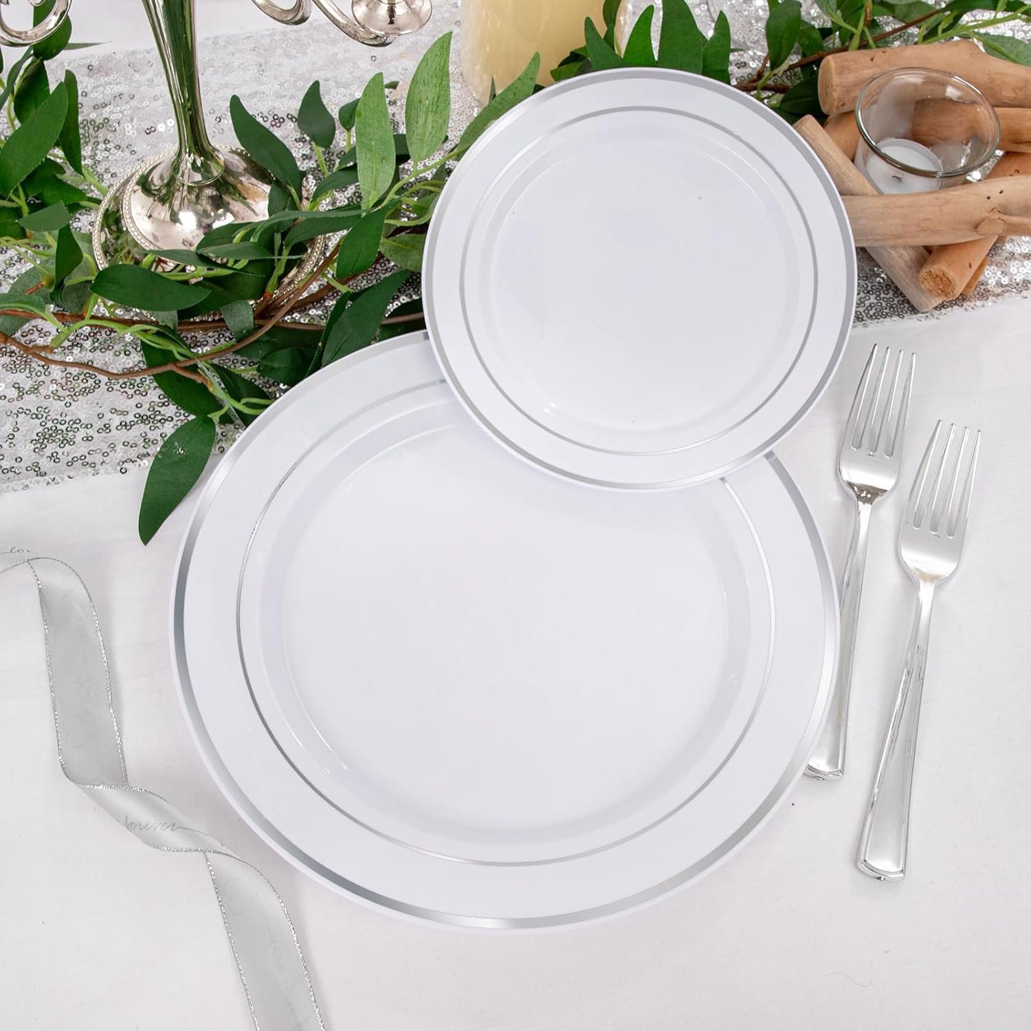 Wholesale 600pcs Silver Plastic Dinnerware Set for 100 Guests 100 Dinner Plates 100 Salad Plates 200 Forks 100 Spoons 100 Knives for Parties Weddings Supplier