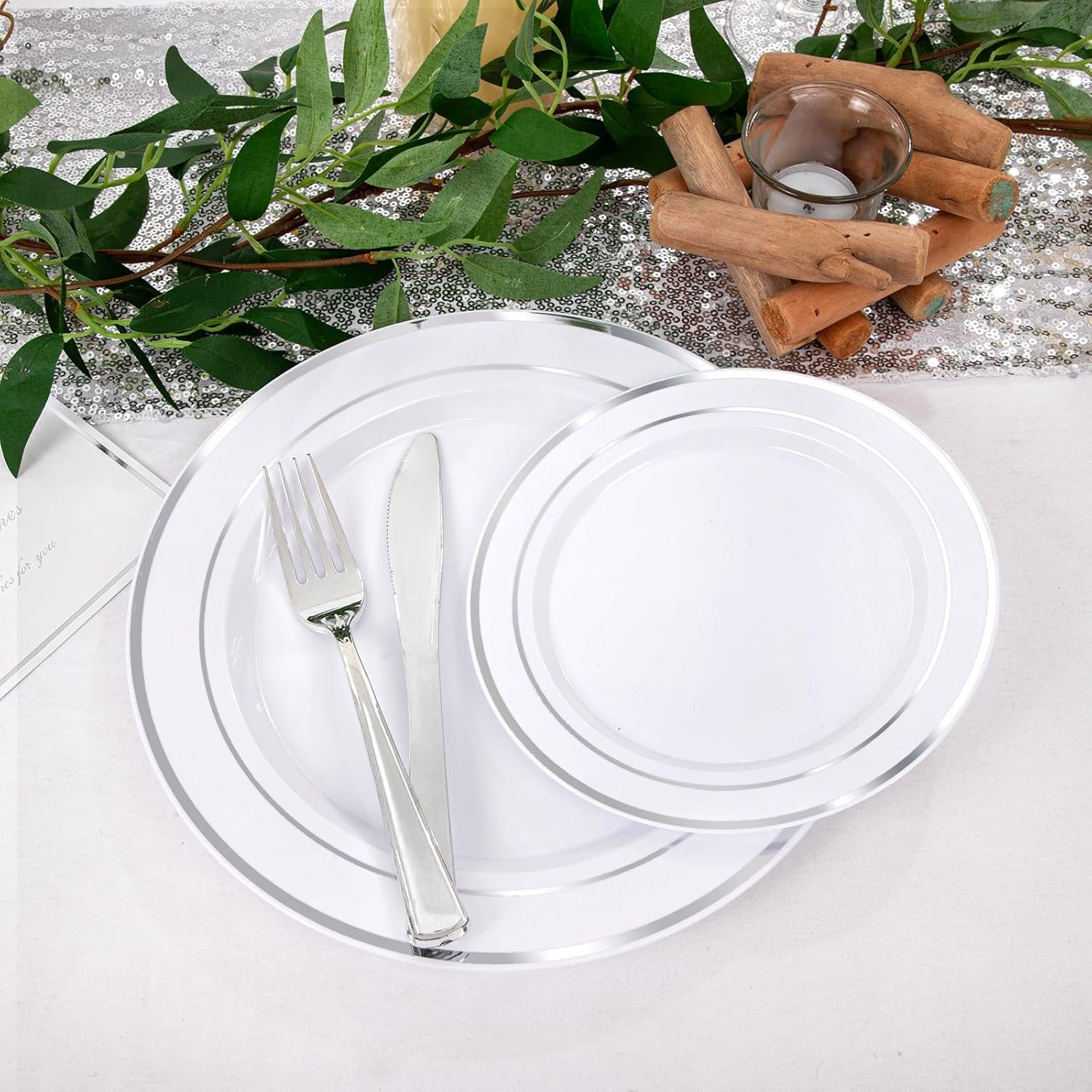 Wholesale 600pcs Silver Plastic Dinnerware Set for 100 Guests 100 Dinner Plates 100 Salad Plates 200 Forks 100 Spoons 100 Knives for Parties Weddings Supplier