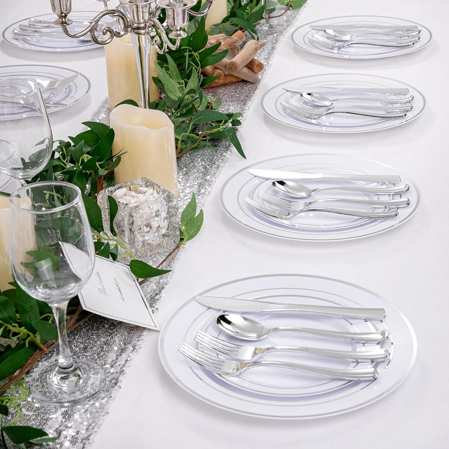 Wholesale 600pcs Silver Plastic Dinnerware Set for 100 Guests 100 Dinner Plates 100 Salad Plates 200 Forks 100 Spoons 100 Knives for Parties Weddings Supplier
