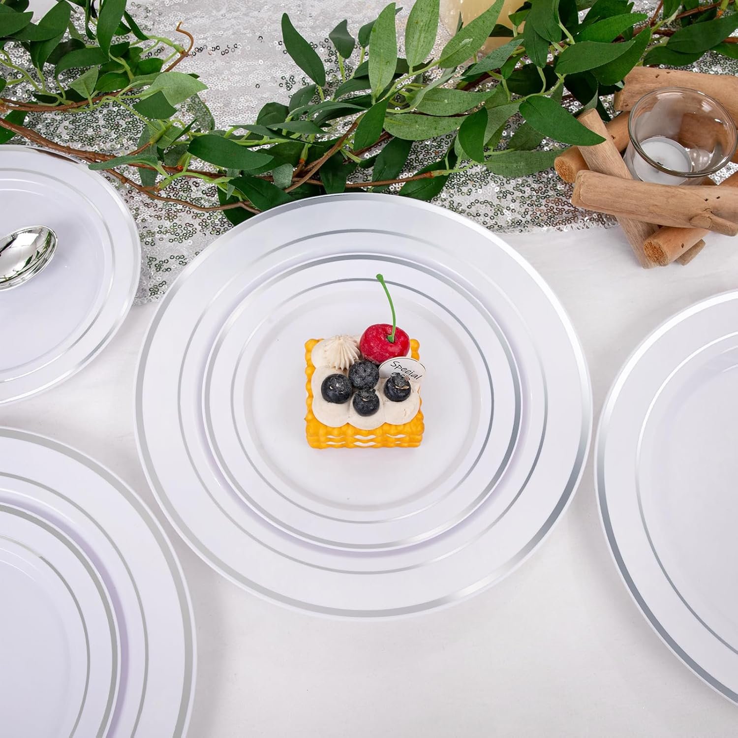 Wholesale 600pcs Silver Plastic Dinnerware Set for 100 Guests 100 Dinner Plates 100 Salad Plates 200 Forks 100 Spoons 100 Knives for Parties Weddings Supplier