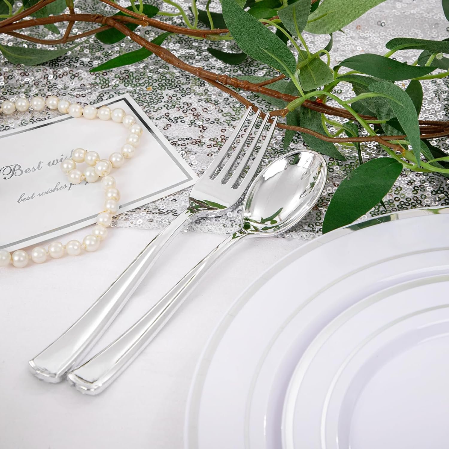 Wholesale 600pcs Silver Plastic Dinnerware Set for 100 Guests 100 Dinner Plates 100 Salad Plates 200 Forks 100 Spoons 100 Knives for Parties Weddings Supplier