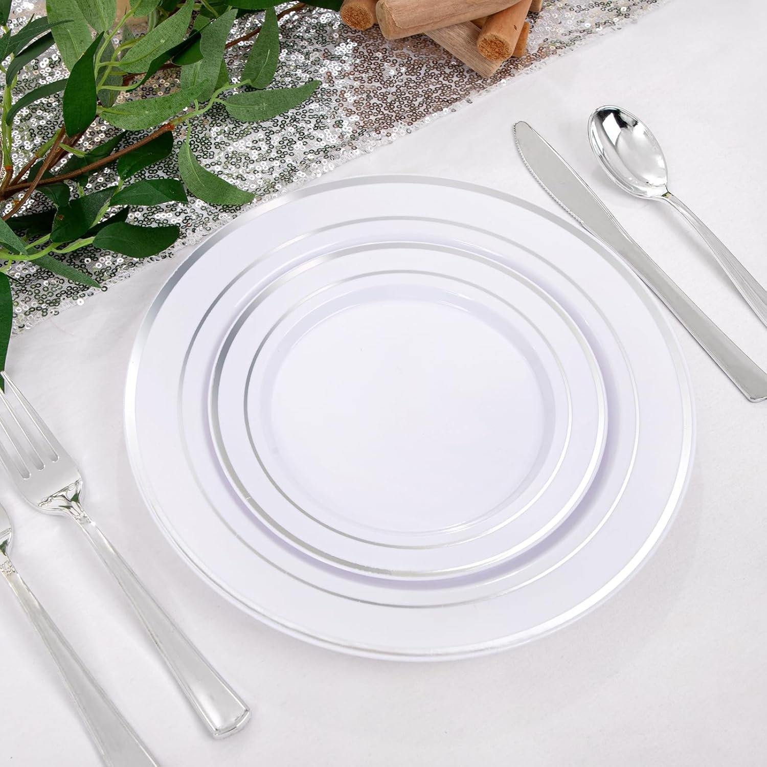 Wholesale 600pcs Silver Plastic Dinnerware Set for 100 Guests 100 Dinner Plates 100 Salad Plates 200 Forks 100 Spoons 100 Knives for Parties Weddings Supplier