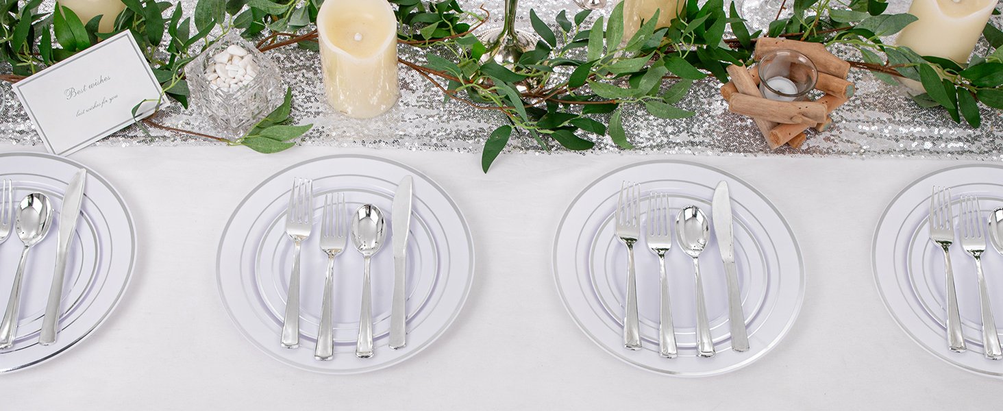Wholesale 600pcs Silver Plastic Dinnerware Set for 100 Guests 100 Dinner Plates 100 Salad Plates 200 Forks 100 Spoons 100 Knives for Parties Weddings Supplier
