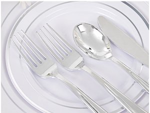 Wholesale 600pcs Silver Plastic Dinnerware Set for 100 Guests 100 Dinner Plates 100 Salad Plates 200 Forks 100 Spoons 100 Knives for Parties Weddings Supplier