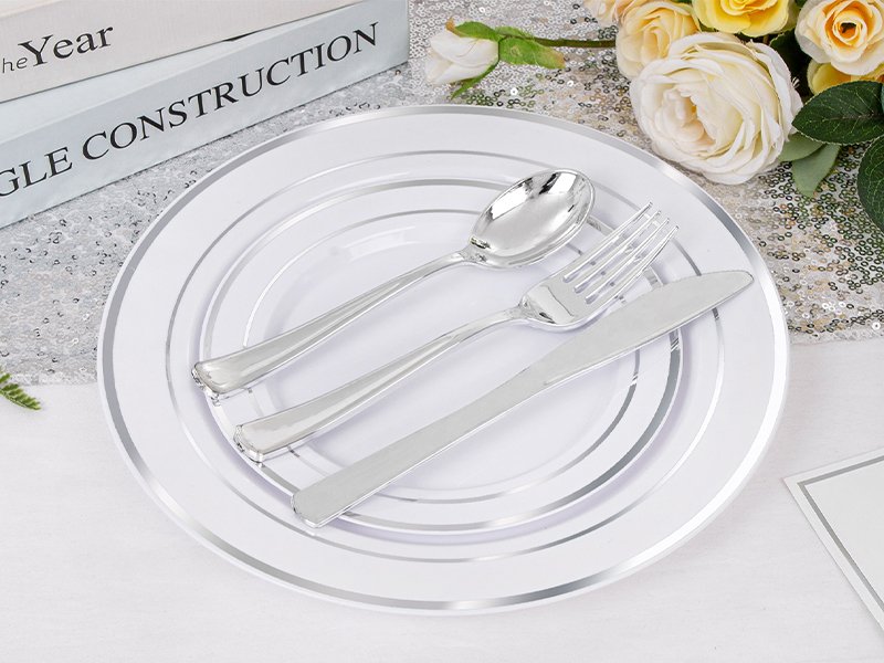 Wholesale 600pcs Silver Plastic Dinnerware Set for 100 Guests 100 Dinner Plates 100 Salad Plates 200 Forks 100 Spoons 100 Knives for Parties Weddings Supplier