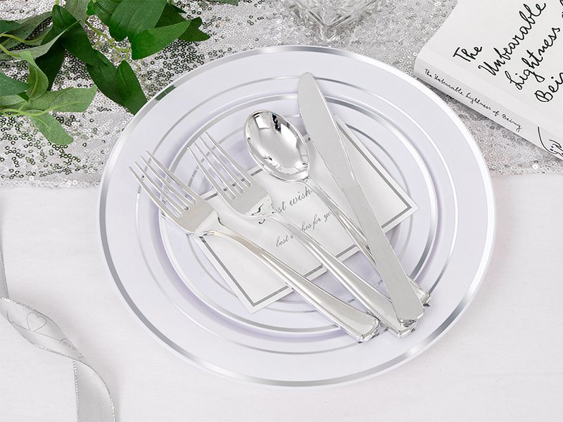 Wholesale 600pcs Silver Plastic Dinnerware Set for 100 Guests 100 Dinner Plates 100 Salad Plates 200 Forks 100 Spoons 100 Knives for Parties Weddings Supplier