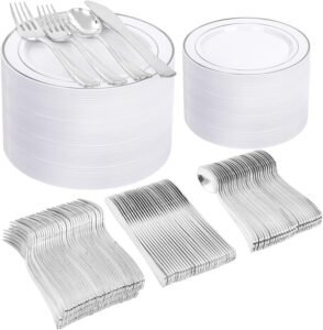 I00000 600pcs Silver Dinnerware Set for 100 Guests, Silver Plastic Plates Plastic Silverware Set of 100 Dinner Plates, 100 Salad Plates, 200 Forks, 100 Spoons,100 Knives for Party & Wedding