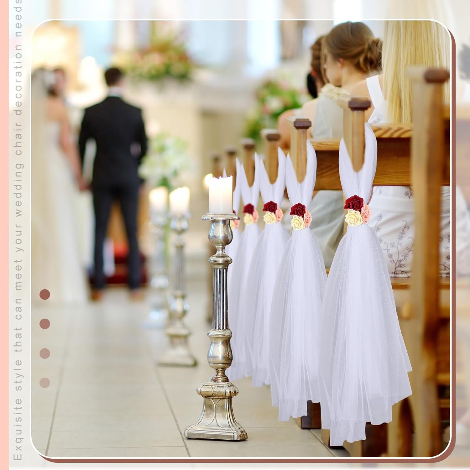 Wholesale 24 Set Wedding Pew Bows 31.5 Inch Long Tulle Tails with Faux Rose Flowers for Ceremony Aisle Church Chair Car Decor Bridal Shower Engagement Birthday Party (Red Yellow Pink) Supplier