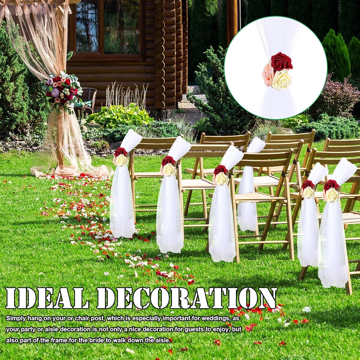 Wholesale 24 Set Wedding Pew Bows 31.5 Inch Long Tulle Tails with Faux Rose Flowers for Ceremony Aisle Church Chair Car Decor Bridal Shower Engagement Birthday Party (Red Yellow Pink) Supplier