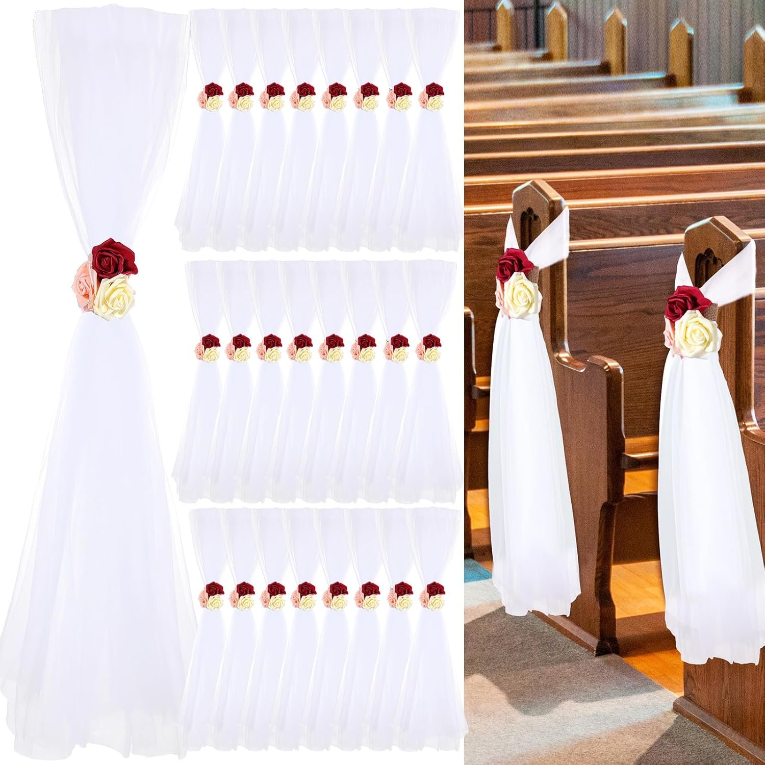 24 Set Wedding Pew Bows 31.5 Inch Long Tulle Tails with Faux Rose Flowers Ceremony Aisle Decorations Church Chair Car Decor for Bridal Shower Engagement Birthday Party(Red, Yellow, Pink)